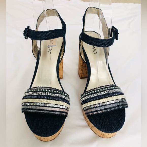 NWOB Nine West denim cork chunky heel platform with sequins and beaded accents. - Picture 2 of 14